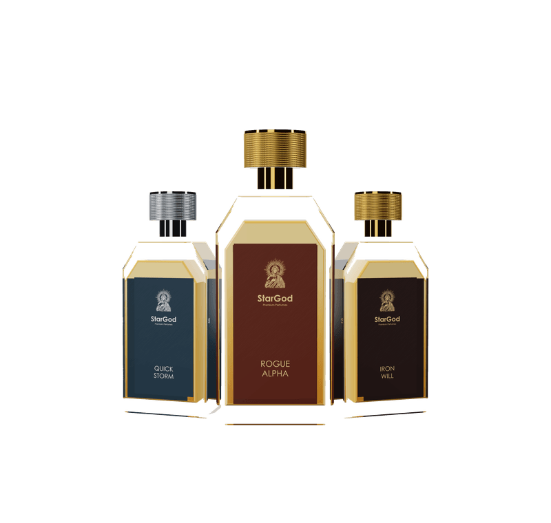 StarGod Quick Storm, Rogue Alpha and Iron Will eau de parfum bottles